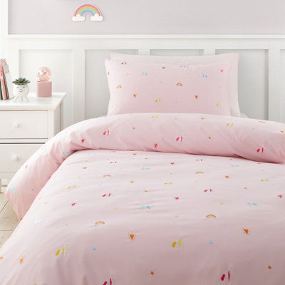 Catherine Lansfield Bedding Embroidered Unicorn Single Duvet Cover Set with Pillowcase Pink