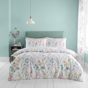 Catherine Lansfield Bedding Emilia Floral Reversible King Duvet Cover Set with Pillowcases White Green