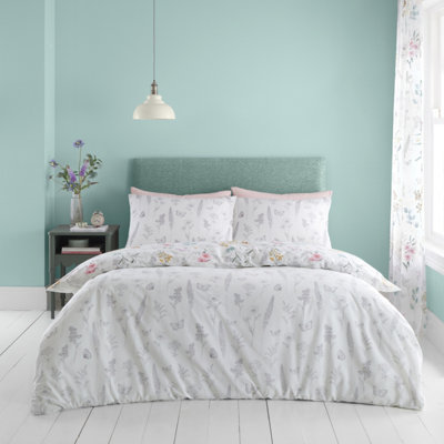 Catherine Lansfield Bedding Emilia Floral Reversible King Duvet Cover Set with Pillowcases White Green