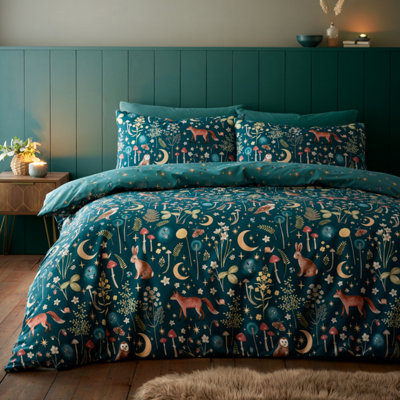 Catherine Lansfield Bedding Enchanted Twilight Animals Reversible Duvet Cover Set with Pillowcases Forest Green
