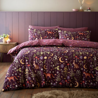 Catherine Lansfield Bedding Enchanted Twilight Animals Reversible Duvet Cover Set with Pillowcases Plum