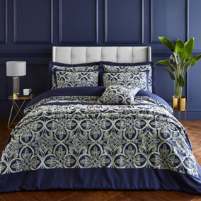 Catherine Lansfield Bedding Flock Trellis Double Duvet Cover Set with Pillowcases Navy Blue