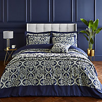 Catherine Lansfield Bedding Flock Trellis Super King Duvet Cover Set with Pillowcases Navy Blue