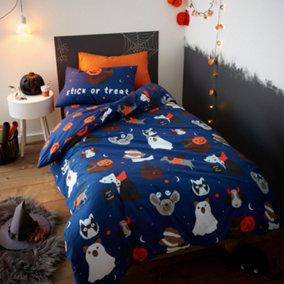 Catherine Lansfield Bedding Halloween Dogs Glow in the Dark Junior Duvet Cover Set with Pillowcases Blue