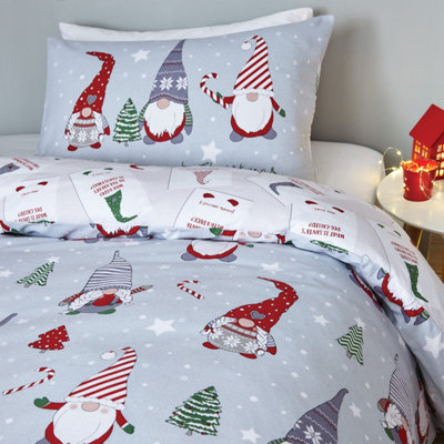 Catherine Lansfield Bedding Kids Brushed Cotton Christmas Gnomes Duvet Cover Set with Pillowcases Red/Grey