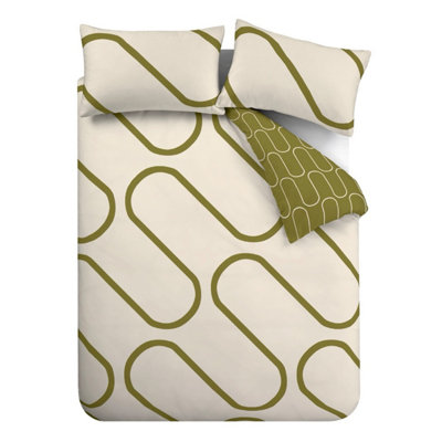 Catherine Lansfield Bedding Linear Curve Geometric Duvet Cover Set with Pillowcases Olive Green