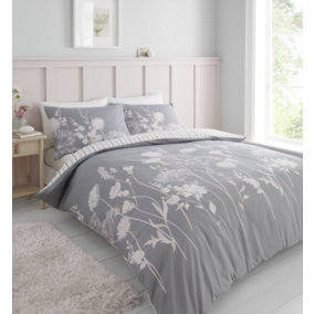 Catherine Lansfield Bedding Meadowsweet Floral Duvet Cover Set with Pillowcases Pink Grey