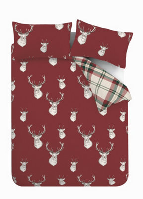 Catherine Lansfield Bedding Munro Stag Check Duvet Cover Set with Pillowcases Red