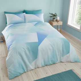 Catherine Lansfield Bedding Ombre Larsson Geo Reversible King Duvet Cover Set with Pillowcases Blue Green
