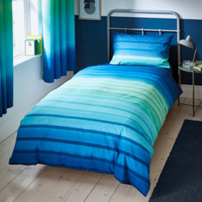Catherine Lansfield Bedding Ombre Stripe Reversible Duvet Cover Set with Pillowcase Navy Green