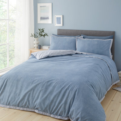 Catherine Lansfield Bedding Oslo Textured Trim Duvet Cover Set Denim Blue