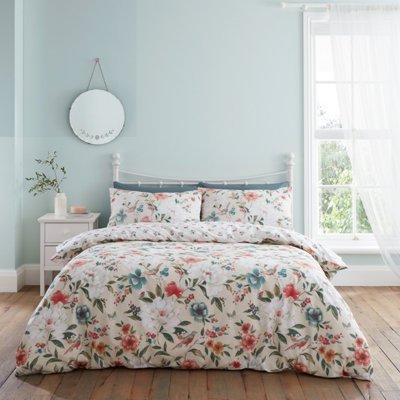 Catherine Lansfield Bedding Pippa Floral Birds Reversible Duvet Cover Set with Pillowcase Natural