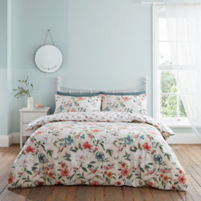 Catherine Lansfield Bedding Pippa Floral Birds Reversible Duvet Cover Set with Pillowcase Natural