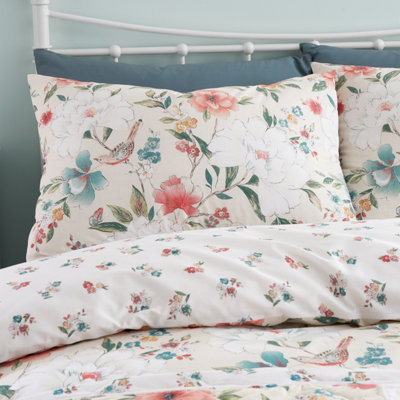 Catherine Lansfield Bedding Pippa Floral Birds Reversible Duvet Cover Set with Pillowcase Natural