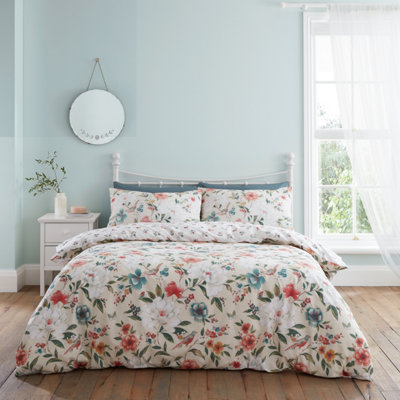 Catherine Lansfield Bedding Pippa Floral Birds Reversible Duvet Cover Set with Pillowcases Natural