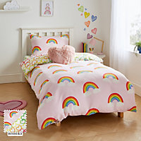 Catherine Lansfield Bedding Rainbow Hearts Cosy Fleece Reversible Junior Duvet Cover Set with Pillowcases Pink