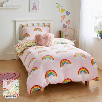 Catherine Lansfield Bedding Rainbow Hearts Cosy Fleece Reversible Junior Duvet Cover Set with Pillowcases Pink