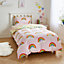 Catherine Lansfield Bedding Rainbow Hearts Cosy Fleece Reversible Junior Duvet Cover Set with Pillowcases Pink