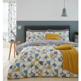 Catherine Lansfield Bedding Retro Circles Duvet Cover Set with Pillowcase Green Ochre