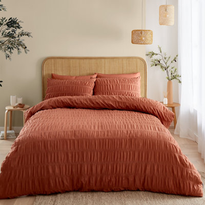 Catherine Lansfield Bedding Seersucker Embellished Duvet Cover Set with Pillowcase Terracotta