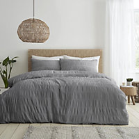 Catherine Lansfield Bedding Seersucker Embellished Duvet Cover Set with Pillowcases Grey