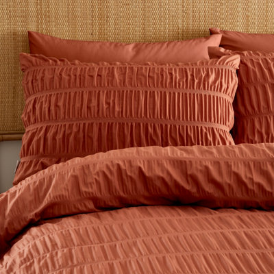 Catherine Lansfield Bedding Seersucker Embellished Duvet Cover Set with Pillowcases Terracotta