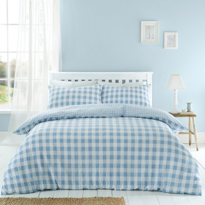 Catherine Lansfield Bedding Seersucker Gingham Check Duvet Cover Set Blue