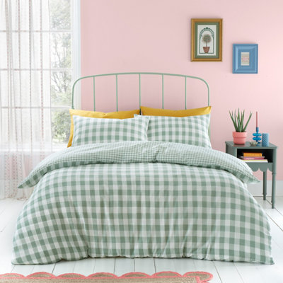 Catherine Lansfield Bedding Seersucker Gingham Check Duvet Cover Set Green