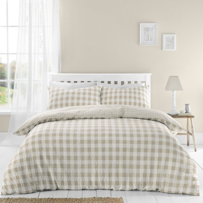 Catherine Lansfield Bedding Seersucker Gingham Check Duvet Cover Set Natural