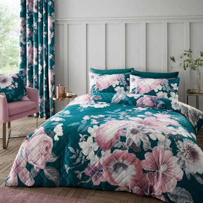 Catherine Lansfield Bedding Shrewsbury Floral Digital Print Velvet Pinsonic  Duvet Cover Set with Pillowcase Teal