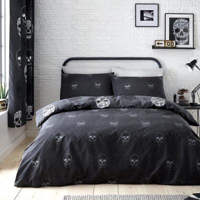 Catherine Lansfield Bedding Skulls Reversible Duvet Cover Set with Pillowcase Grey