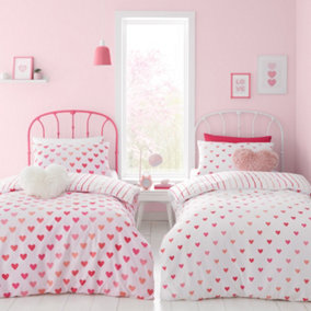 Catherine Lansfield Bedding So Soft Hearts and Stripes Duvet Cover Set with Pillowcases Two Pack Pink White