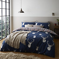 Catherine Lansfield Bedding Stag Check Duvet Cover Set with Pillowcases Navy