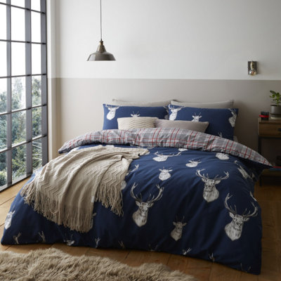 Catherine Lansfield Bedding Stag Check Duvet Cover Set with Pillowcases Navy