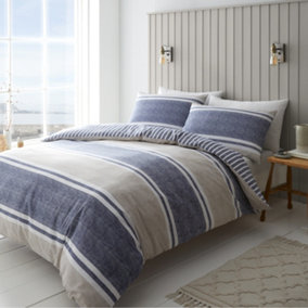 Catherine Lansfield Bedding Textured Banded Stripe Duvet Cover Set with Pillowcase Blue