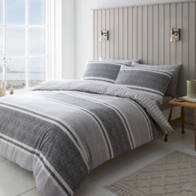 Catherine Lansfield Bedding Textured Banded Stripe Duvet Cover Set with Pillowcase Charcoal Grey