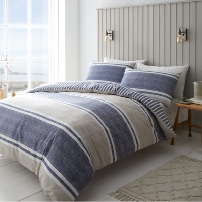 Catherine Lansfield Bedding Textured Banded Stripe Duvet Cover Set with Pillowcases Blue