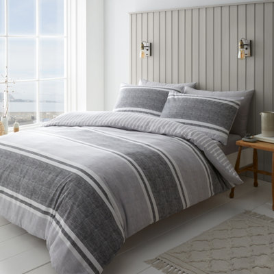 Catherine Lansfield Bedding Textured Banded Stripe Duvet Cover Set with Pillowcases Charcoal Grey