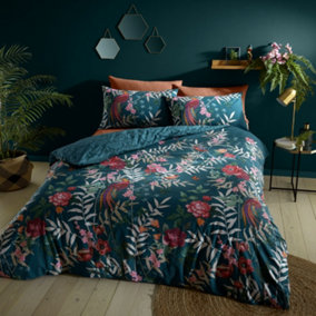 Catherine Lansfield Bedding Tropical Floral Birds Duvet Cover Set with Pillowcases Green