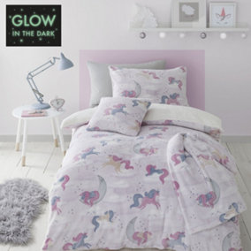 Catherine Lansfield Bedding Unicorn Dream Cosy Glow in the Dark Single Duvet Cover Set with Pillowcase Pink
