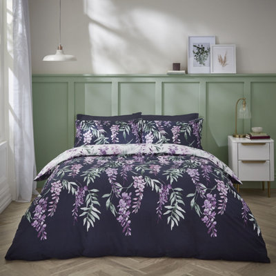 Catherine Lansfield Bedding Wisteria King Duvet Cover Set with Pillowcases White / Navy