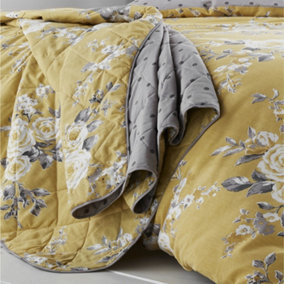 Catherine Lansfield Bedroom Canterbury Floral Quilted 220x230cm Bedspread Ochre