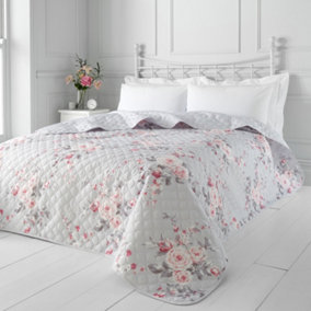 Catherine Lansfield Bedroom Canterbury Floral Quilted 240x260cm Bedspread Grey