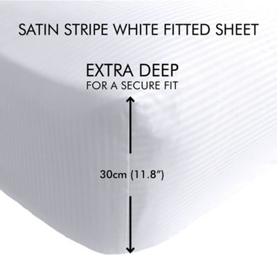Catherine Lansfield Bedroom Satin Stripe 300 Thread Count Fitted Sheet 30cm Depth White