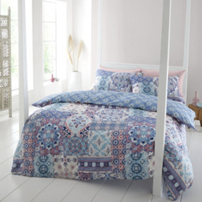 Catherine Lansfield Boho Patchwork Geometric Duvet Cover Set with Pillowcases Blue