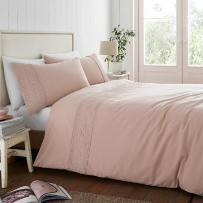 Catherine Lansfield Broderie Anglaise Single Duvet Cover Set with Pillowcase Blush Pink