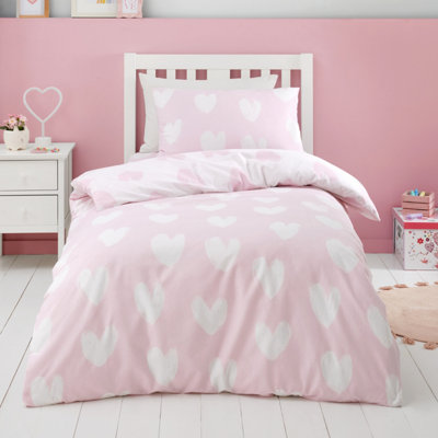 Catherine Lansfield Brushed Cotton Hearts Reversible Duvet Cover Set with Pillowcase Pink