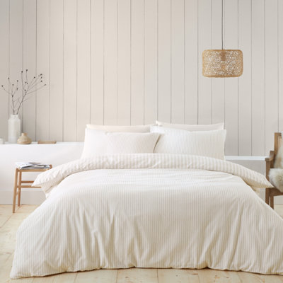 Catherine Lansfield Brushed Cotton Stripe Reversible Duvet Cover Set with Pillowcases Natural