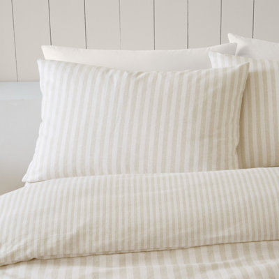 Catherine Lansfield Brushed Cotton Stripe Reversible Duvet Cover Set with Pillowcases Natural