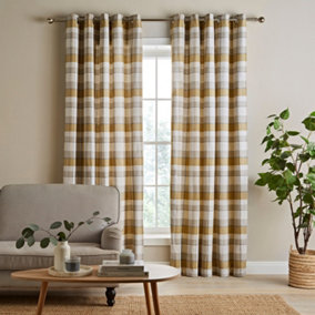 Catherine Lansfield Brushed Cotton Thermal Check 46x54 Inch Lined Eyelet Curtains Two Panels Ochre Yellow